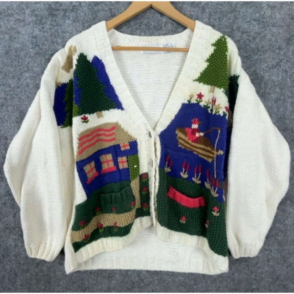 Vintage Robert Scott Ltd Cardigan Sweater Womens Large Cream Cabin Lake Fishing